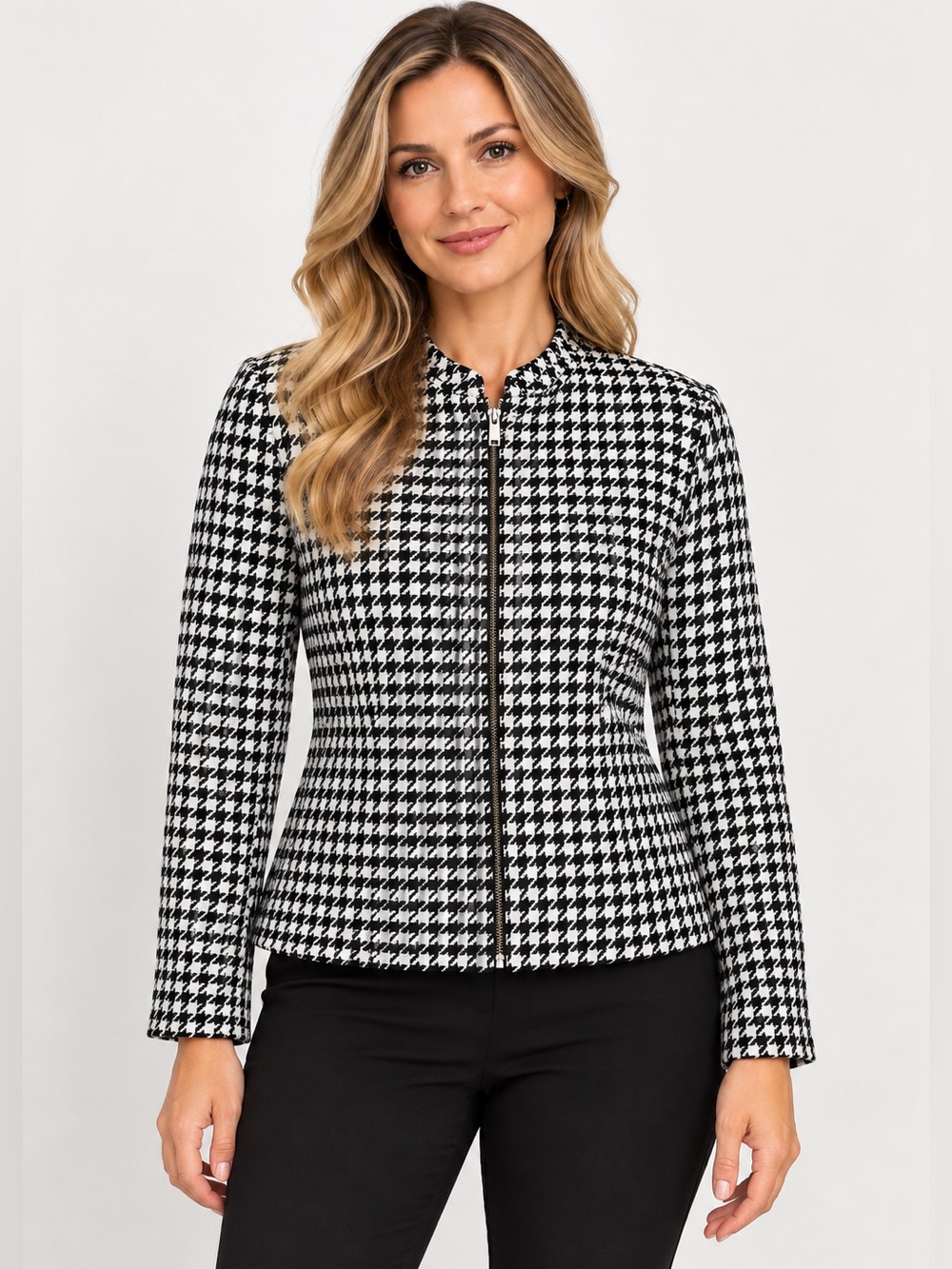 Apostrophe Black White Houndstooth Full Zip Jacket Women’s Size 12P